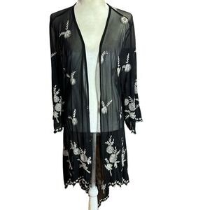 Pins And Needles Boho Sheer Kimono Medium Fairy Goth Festival Floral Embroidered